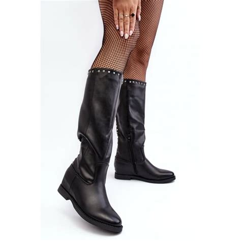 Kesi Women S Knee High Boots Decorated With Studs Black Bevitis