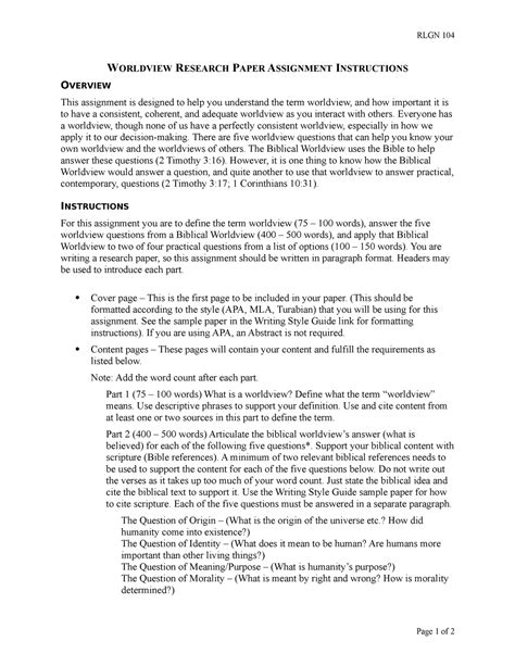 Worldview Research Paper Assignment Instructions 6 1 RLGN 104