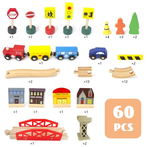 WoodenEdu 61Pcs Wooden Toy Train Set with Bridge, Double-Side Tracks ...