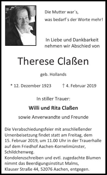 Traueranzeigen Von Therese Cla En Aachen Gedenkt