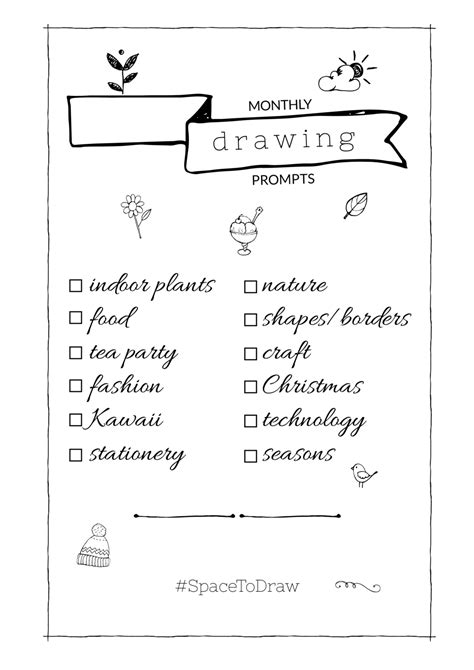 Monthly drawing prompts for Bullet Journaling - free printable