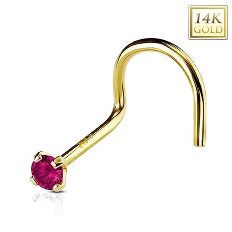 Zagięty piercing do nosa z żółtego 14K złota okrągła ciemnoróżowa