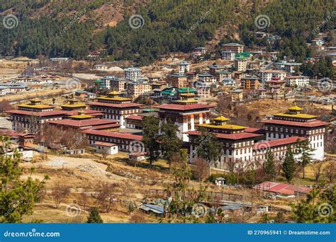 Aerial View Of Tashichho Dzong With Thimphu City In Background Stock