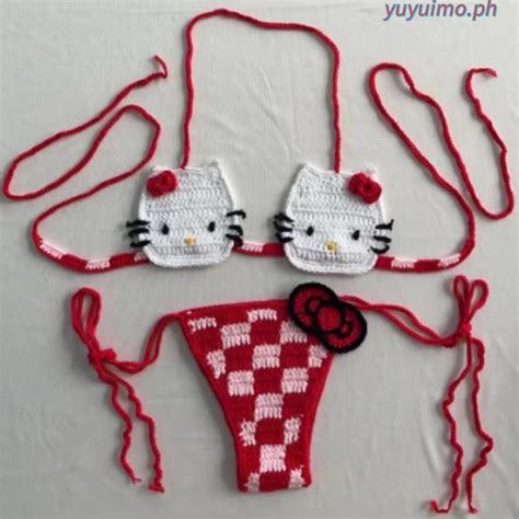 TinChing Handmade Crochet String Bikini Set Sexy Bathing Suit Checkered Red And Pink Bottom