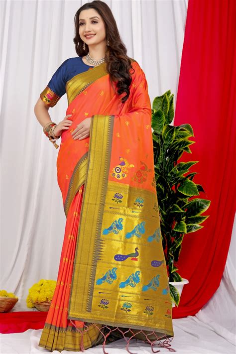 Woven Soft Paithani Silk Saree In Navy Blue Ucchal Fashion