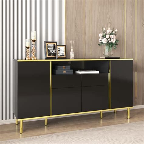 Buffet Bas LED Contemporain Salon Noir Armoire Brillant 4 Portes 2