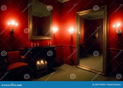 A Red Room with a Fireplace and a Mirror. Generative AI Stock Photo ...