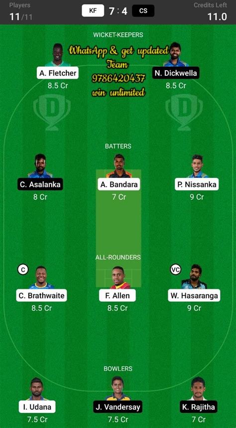 KF Vs CS 16th Match Dream11 Team Fantasy Prediction Lanka Premier