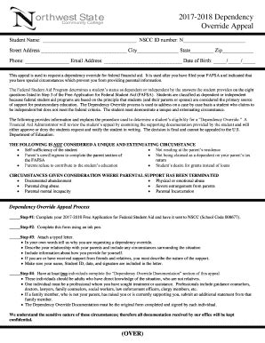 Fillable Online Northweststate Dependency Override Application