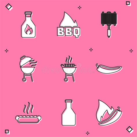 Set Ketchup Bottle Barbecue Fire Flame Steel Grid Grill Grilled Shish Kebab Hot Chili