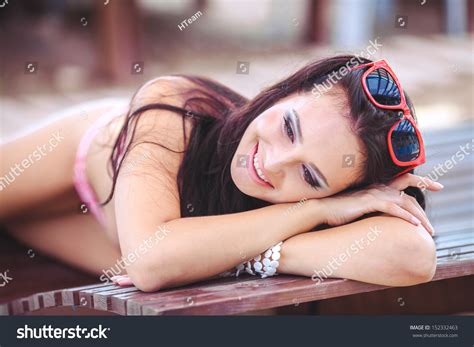 Beautiful Brunette Woman Sunglasses Bikini Sunbathing Stock Photo Shutterstock