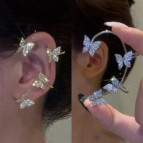 2022 Fashion Silver Color Cute Butterfly Ear Cuff Shiny Zircon Earrings