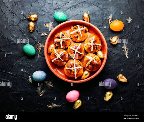 Easter Hot Cross Buns And Holiday Decor Traditional English Easter Buns Stock Photo Alamy