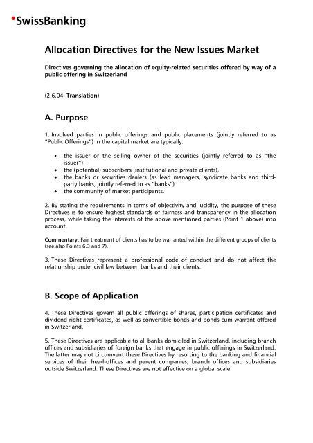 Allocation Directives For The New Issues Market Swissbanking