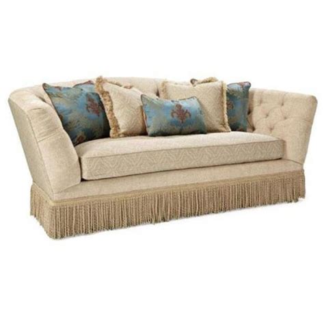 Curved Tufted Tan Velvet Sofa With Fabric Fringe Skirt Ottoman Sofa