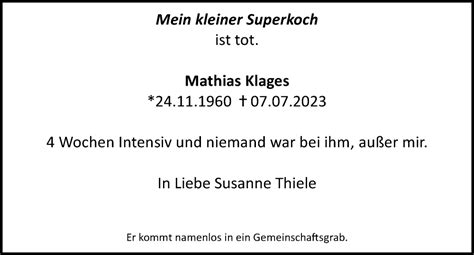 Traueranzeigen Von Mathias Klages Trauer Anzeigen De