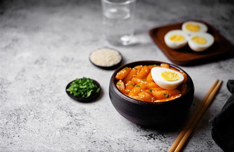 Tteokbokki Traditional Korean Rice Sticks In Hot Spicy Sauce Stock