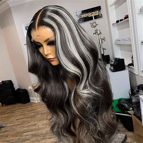 Wiggins Hair 20 Inch Grey Body Wave Lace Front Wig Platinum Blonde Highlights Gray Highlight