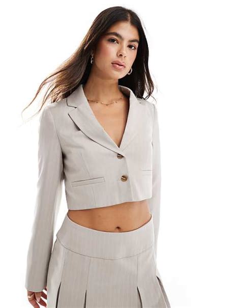 Miss Selfridge Relaxed Cropped Blazer Co Ord In Stone Pinstripe Asos