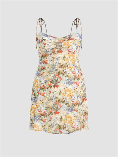 Curve And Plus Floral Tie Shoulder Shirred Mini Dress For Vacation