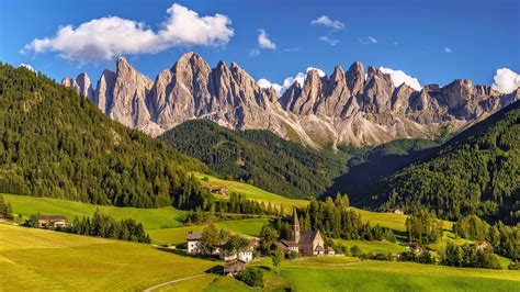 Wallpaper Italy, South Tyrol, Dolomites, village, grass, mountains, trees 1920x1080 Full HD 2K ...