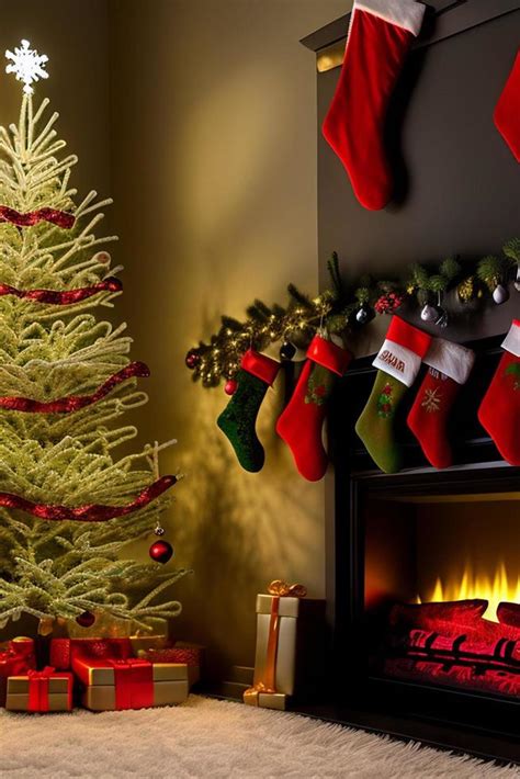 Christmas concept. Decorated Christmas Tree Near Fireplace at Home ...