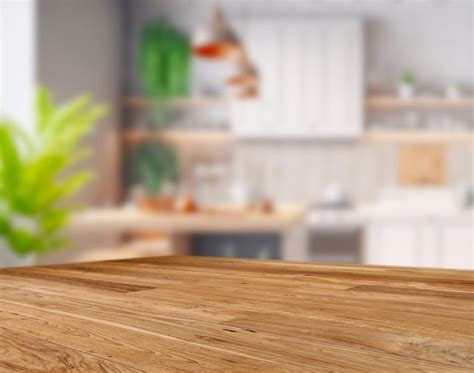 Premium Photo Wood Table Top On Blurred Kitchen Backgroundx