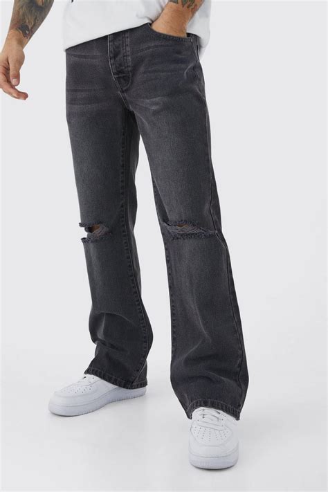 Relaxed Rigid Flare Jean With Knee Rips Boohoo Uk