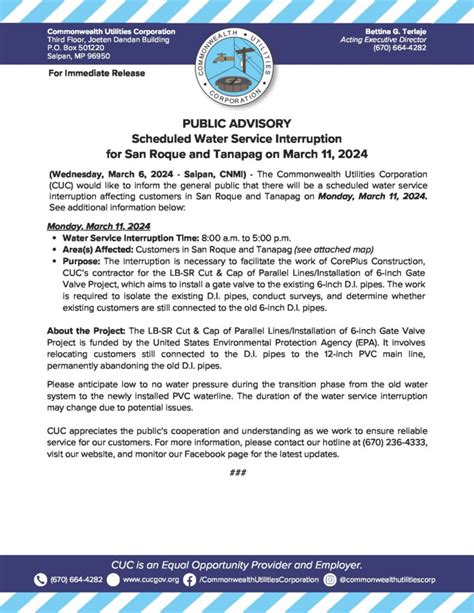 2024 March 06 Public Advisory Re Scheduled Water Service Interruption