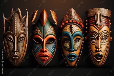 Wooden handmade African tribal masks in traditional patterns and colors ...