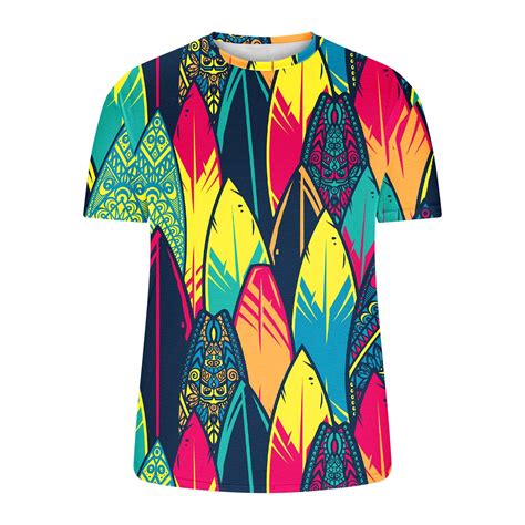 Hopeusnice Mens Summer T Shirt Colorful Feather Print Short Sleeve