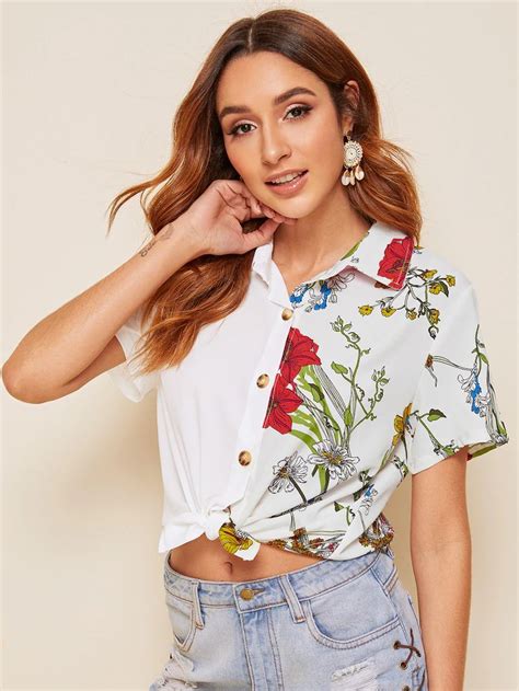 Knot Hem Contrast Floral Print Blouse With Images Floral Print