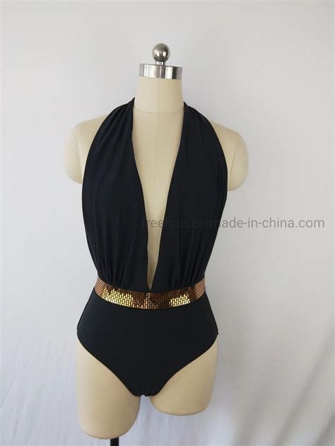 Luxury Mature Sexy Deep V Neck Shiny Band One Piece Swimwear China Swimwear And Designer