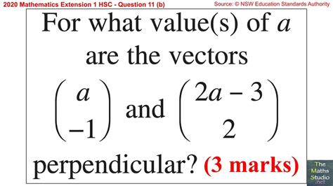 2020 Maths Extension 1 HSC Q11b Solving Dot Product Equation Given That