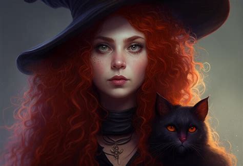 Premium AI Image | A young female witch with red hair wearing a witch's hat and a black cat by ...