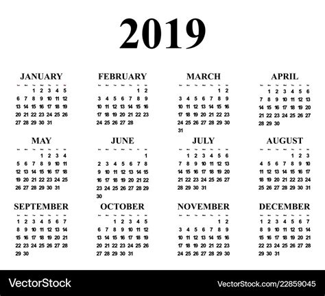 Calendar for the year 2019 Royalty Free Vector Image