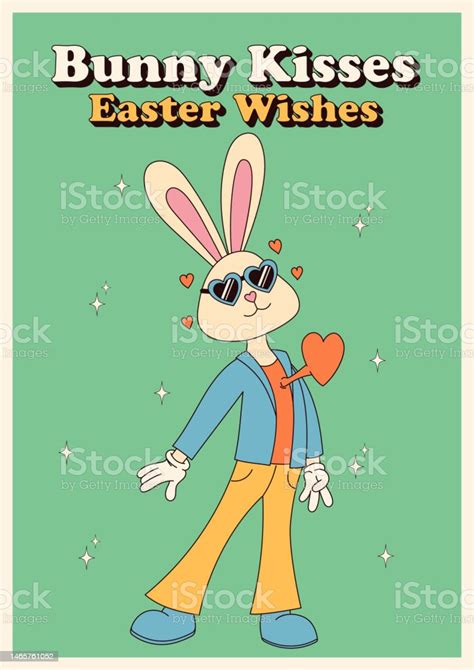 Groovy Hippie Happy Easter Posters Easter Bunny Vector Card In Trendy Retro 60s 70s Cartoon