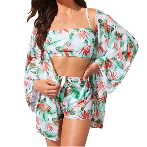 Womens Fashion Flower Print Lacing Split Bikini Sexy Women S Swimsuit Long Sleeve Smock Suit