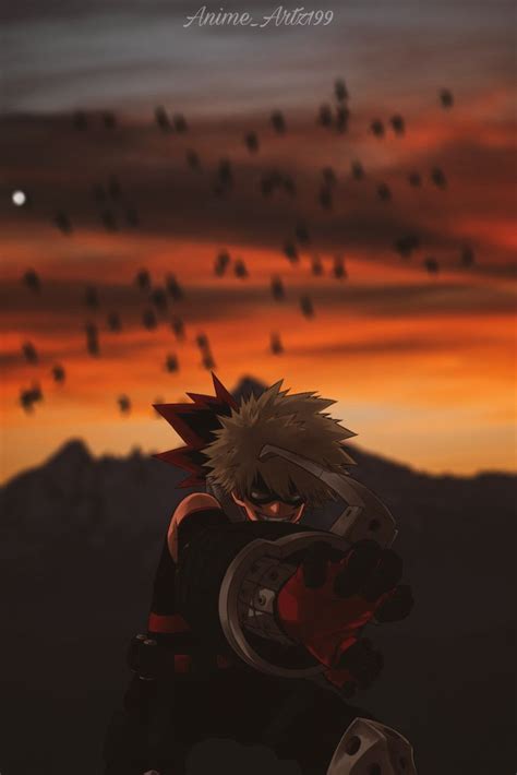 an anime character is standing in front of a sunset with birds flying ...