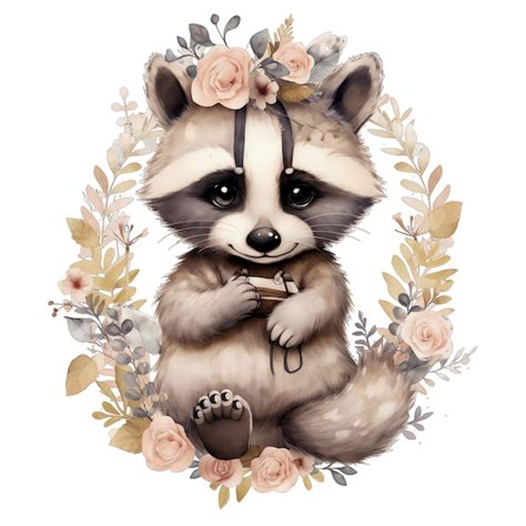 Lindo mapache acuarela con flores y plantas boho ilustración Foto Premium