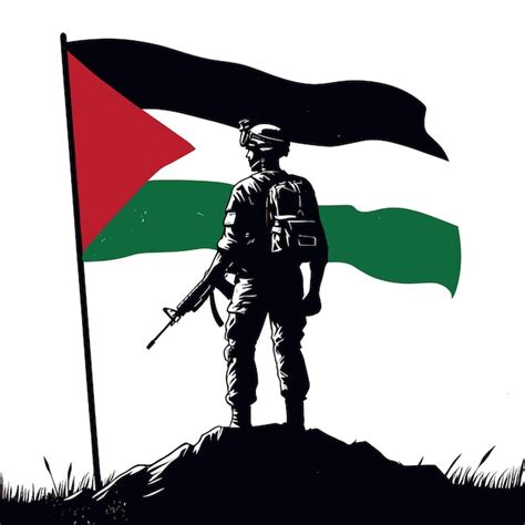 Um Soldado Est De P Uma Bandeira Da Palestina Na M O E Olha Para