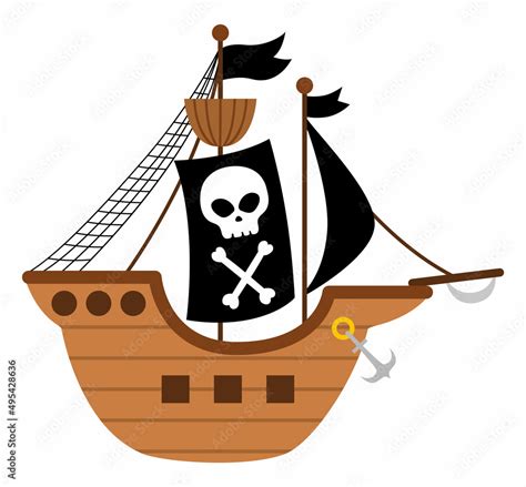 Vector Pirate Ship Icon Cute Sea Vessel Illustration Treasure Island Hunter Boat With Black