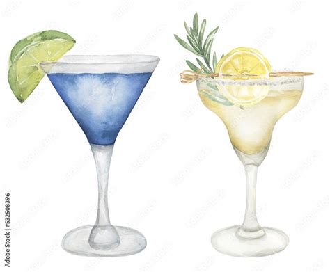 Watercolor Hand Drawn Cocktail Illustration Set Beverages Clipart For Menu Card Postcard