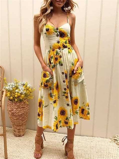 Floral Sunflower Pattern Dress Womens Dresses Summer Dresses For