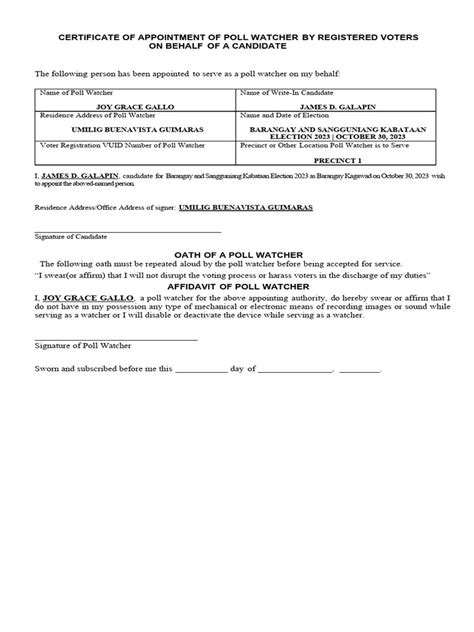 Certificate Of Appointment Of Poll Watcher By Registered Voters On Behalf Of A Candidate Pdf