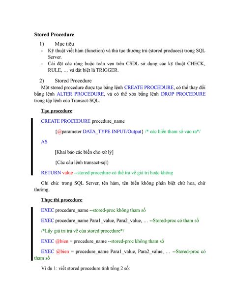 [ Ltcsdl]t Sql Sp Ewrwerw Stored Procedure 1 Mục Tiêu Kỹ Thuật Viết Hàm Function Và Thủ