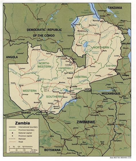 Map of Zambia showing physical features - Zambia physical features map ...