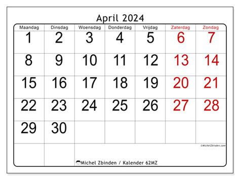 Kalender April 2024 Om Af Te Drukken 62MZ Michel Zbinden NL