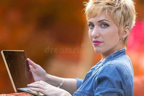 Outdoor Portrait Blonde Sporty Dress Tablet Proud Autumnal Stock Photo Image Of Sporty