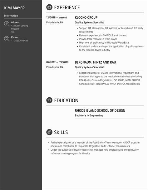 Quality Systems Specialist Resume Samples Velvet Jobs